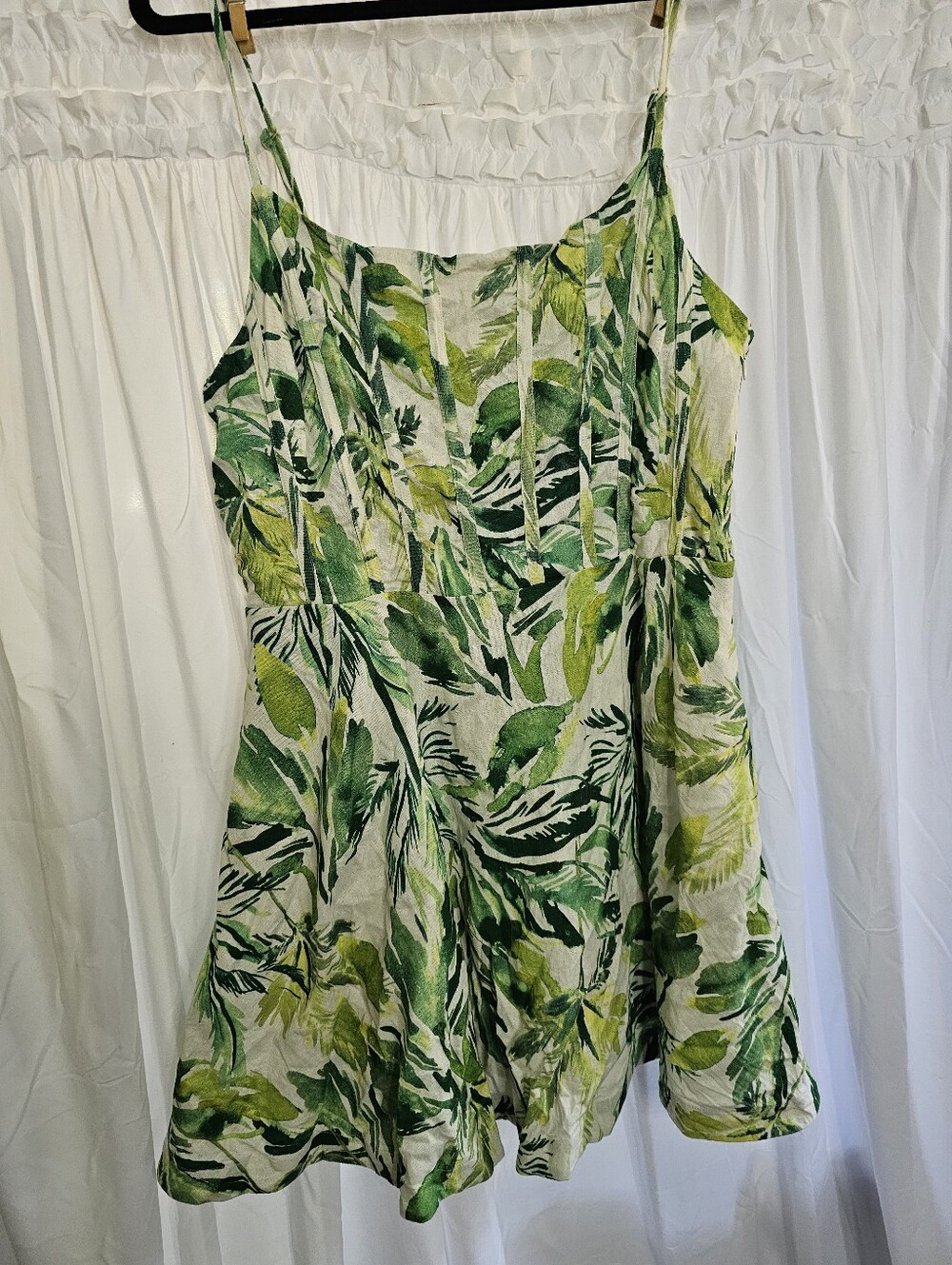 Steve Madden Linen and Rayon Green Leaf Print Dress with Pockets